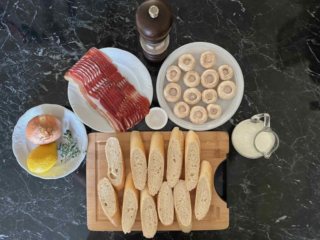 Bruskete sa pančetom i pečurkama, sastojci.